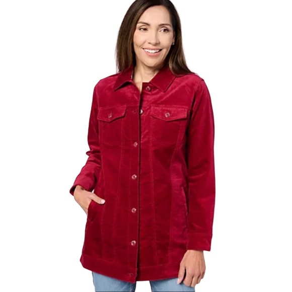 Denim&Co Jackets & Blazers - DENIM & CO RED STRETCH VELVETEEN PETITE LONG JACKET NWOT